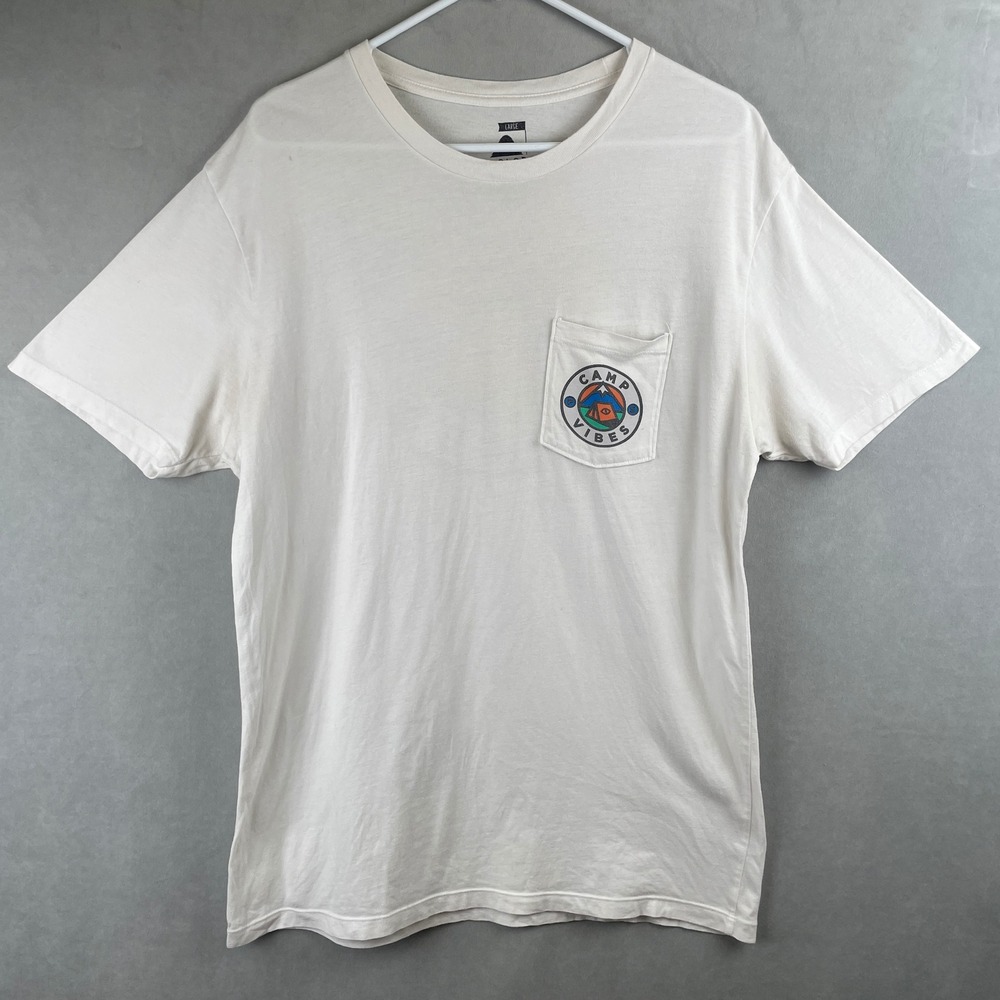 Poler Stuff Camp Vibes White Graphic Pocket T-Shirt Mens L Short Sleeve Tee Gorp
